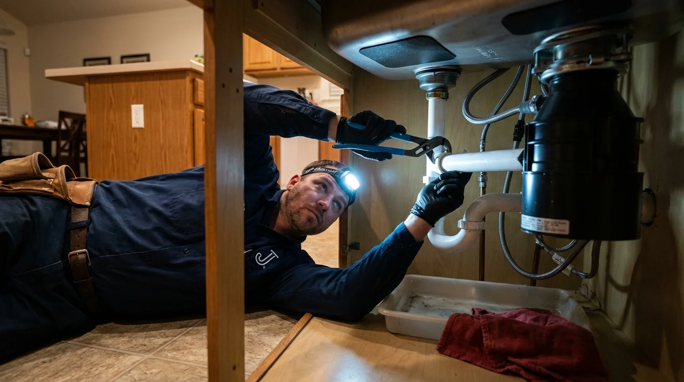 P-trap and supply line connections under a kitchen sink showing a common leak point in Eldridge, CA